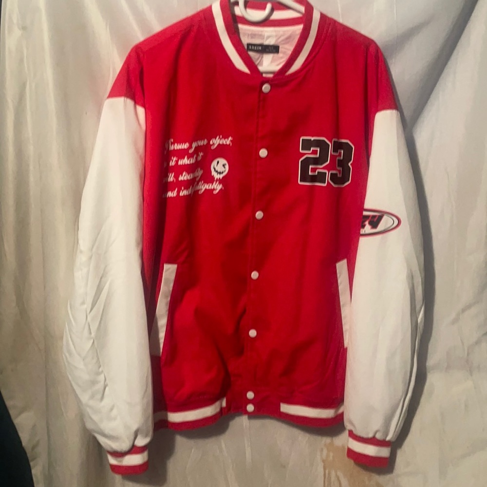Men’s red and white lightweight Bomber Jacket from Shein in a size XL